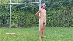 naked slave pig exposed outdoor in penis cage, tied up with dildo in ass, pee, BDSM CBT Thumb